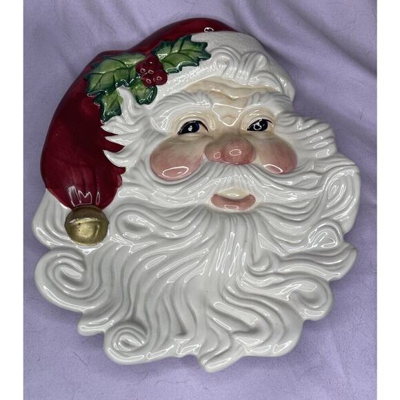 Christmas Fitz and Floyd Santa Face Plate Appetizer Bowl 9.5" X 8" 3D Effect - Picture 1 of 2